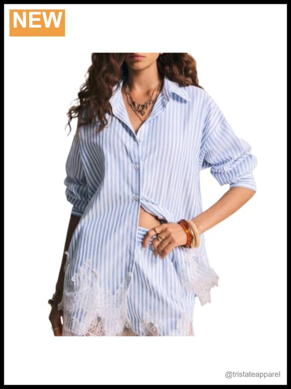 Striped Patchwork Lace Long Sleeve Button Down Shirt Blouse for Women